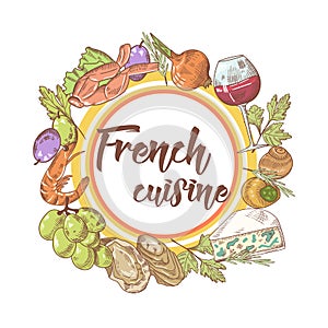 French Cuisine Hand Drawn Background with Cheese, Wine and Seafood. Food and Drink Menu