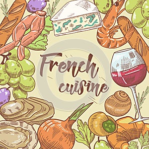 French Cuisine Hand Drawn Design with Cheese, Wine and Croissant. Food and Drink