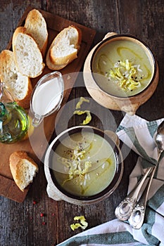 French cuisine: potage Choisy. Lettuce cream soup with rice