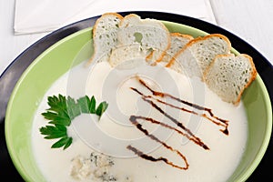 French cuisine restaurant food. Hot dish, creamy mushroom soup