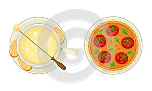 French cuisine traditional delicious food set. Tomato tart taten and cheese fondue vector illustration