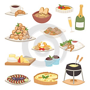 French cuisine traditional food delicious meal healthy dinner lunch continental Frenchman gourmet plate dish vector