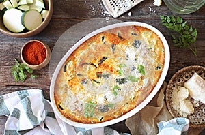 French cuisine. Vegetable zucchini clafoutis with Parmesan cheese