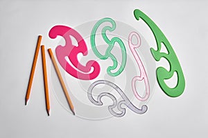 French curve ruler templates, plastic. white background