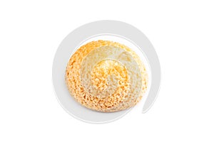 French custard dessert yellow shu cake isolated on white, side view