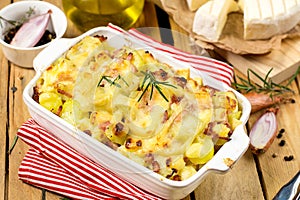 French dish Tartiflette with potatoes, reblochon cheese and bacon