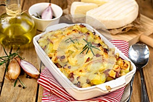 French dish Tartiflette with potatoes, reblochon cheese and bacon