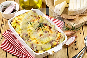 French dish Tartiflette with potatoes, reblochon cheese and bacon