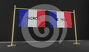 French elections 2022. Macron and Le Pen and flag France. 3D work and 3D image. copy space photo