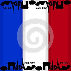 French flag background with silhouettes of symbols of country.