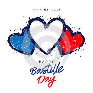 French flag in the form of three hearts in blue, white and red. July 14th. Happy Bastille Day. Vector illustration