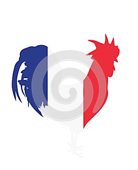 French flag over rooster vector silhouette isolated on white background.