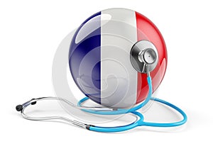 French flag with stethoscope. Health care in France concept, 3D rendering