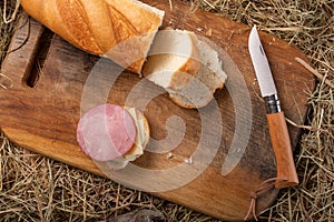 French folding knife and sausage sandwich. A folding kitchen knife and a homemade sandwich.