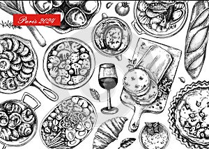 French food background. Vintage food and wine sketches. European cuisine restaurant menu template. France design. Hand-drawn