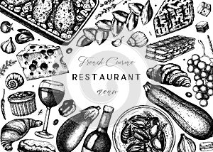 French food and drinks frame design. Engraved style meat dishes, snacks, desserts, beverages sketches. French cuisine food