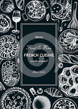 French food frame design on chalkboard. Vintage food and wine sketches. European restaurant menu template. France background. Hand