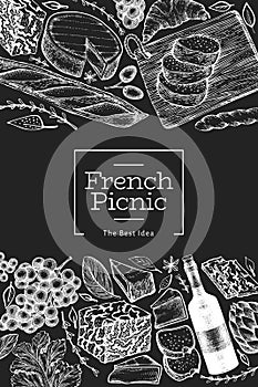 French food illustration design template. Hand drawn vector picnic meal illustrations on chalk board. Engraved style different