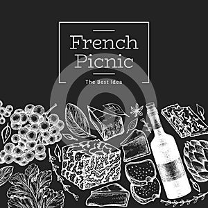 French food illustration design template. Hand drawn vector picnic meal illustrations on chalk board. Engraved style different