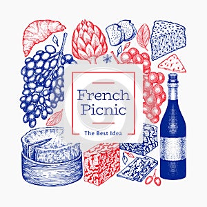 French food illustration design template. Hand drawn vector picnic meal illustrations. Engraved style different snack and wine