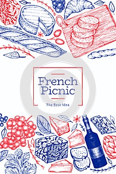 French food illustration design template. Hand drawn vector picnic meal illustrations. Engraved style different snack and wine