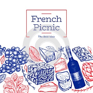 French food illustration design template. Hand drawn vector picnic meal illustrations. Engraved style different snack and wine