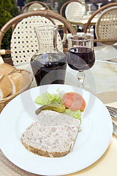 French food pate terrine of rabbit with red wine in cafe photographed in Paris France Europe
