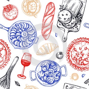 French food seamless pattern. Vintage food and wine sketches in color. European restaurant menu design. France background. Hand-