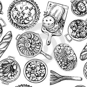 French food seamless pattern. Vintage food and wine sketches. European restaurant menu design. France background. Hand-drawn