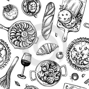 French food seamless pattern. Vintage food and wine sketches. European restaurant menu design. France background. Hand-drawn