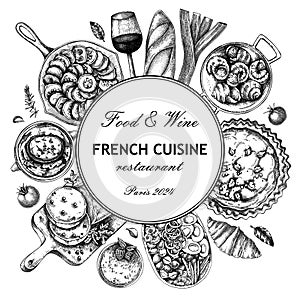 French food wreath design. Vintage food and wine sketches. European restaurant menu template. France background. Hand-drawn vector