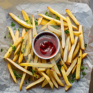 French fries arranged on baking paper with ketchup and herbs