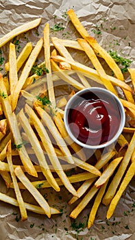 French fries arranged on baking paper with ketchup and herbs