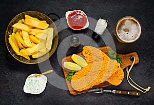 French Fries with Baked Fish and Beer