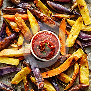French fries,  baked fries from different types and colors of potatoes sprinkled with herbs and spices with spicy tomato sauce