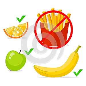 French fries banana, apple, orange. Healthy food and fast food, vector info graphic.