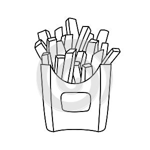 French fries in a box. Fast food sketch. Cartoon black and white line illustration. Unhealthy meal. Vector hand drawn icon for