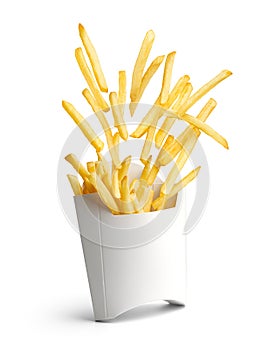 French fries bursting out from white paper box