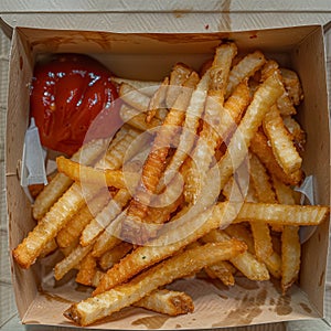 French fries in a cardboard box with tomato and ketchup. Fast food.