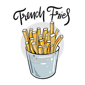 French fries cartoon styel. Hand drawn vector illustration. Isolated on white background