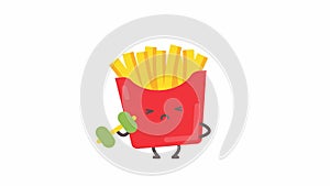 French fries character holding dumbbell. Alpha channel