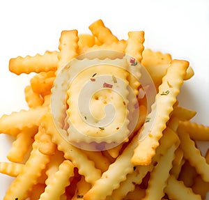 French fries with cheese and herbs on a white background, top view