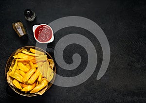 French Fries with Condiments and Ketchup on Copy Space