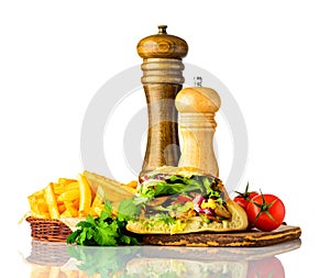 French Fries with Doner Kebap on White Background