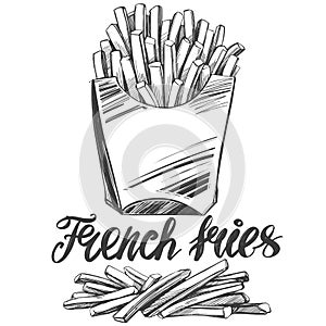 French fries , fastfood, logo, and drawn vector illustration realistic sketch