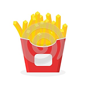 French fries. Fried fries. Fried potato in red box. Flat icon for food, fastfood and snack. Red pack with fry salty potato.