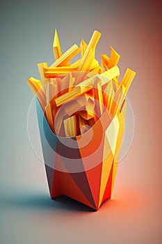 French fries or fried potatoes in a paper box on gradient background. Colorblocks technique. Generative AI photo