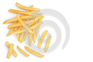 French fries or fried potatoes isolated on white background with clipping path . Top view with copy space for your text