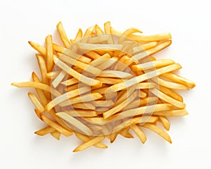 French fries or fried potatoes isolated on white background. Top view. Flat lay. With clipping path