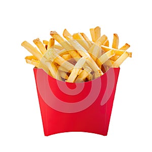 French fries or fried potatoes in a red carton box isolated on transparent background